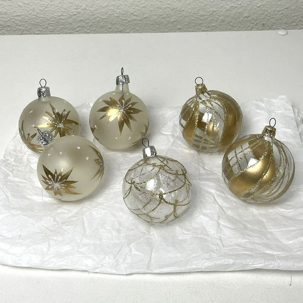 Vintage Clear Glass Christmas Ball Ornaments Gold Glitter 2.25